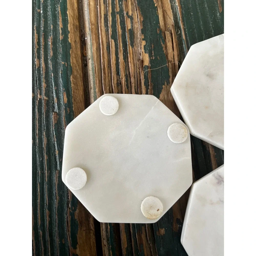 White Marble Hexagon Coasters Set of 3 Natural Stone Drink Coasters with Feet